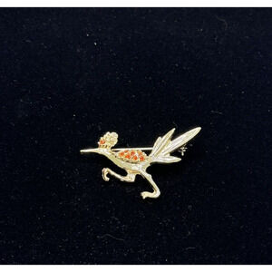 Vintage Enamel Gold Tone Orange Eye Rhinestone Road Runner Bird Brooch Pin